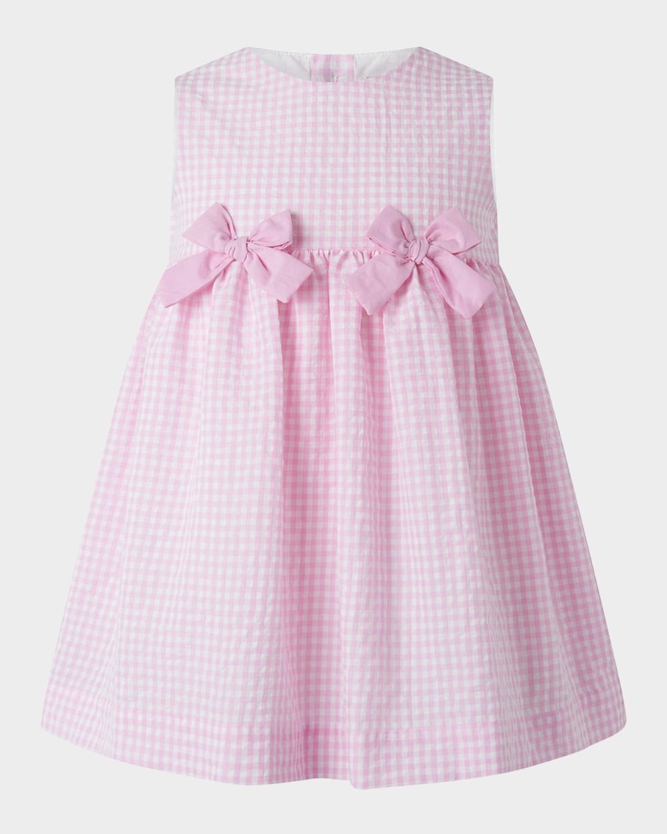Girl's Gingham-Print Bow Dress W/ Bloomers, Size 6M-